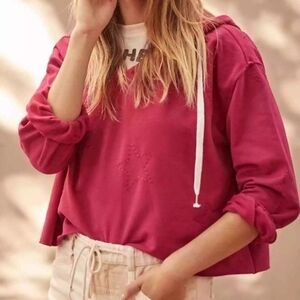 Anthropologie Saturday Sunday Pink Star‎ Embroidere Cropped Sweatshirt Hoodie